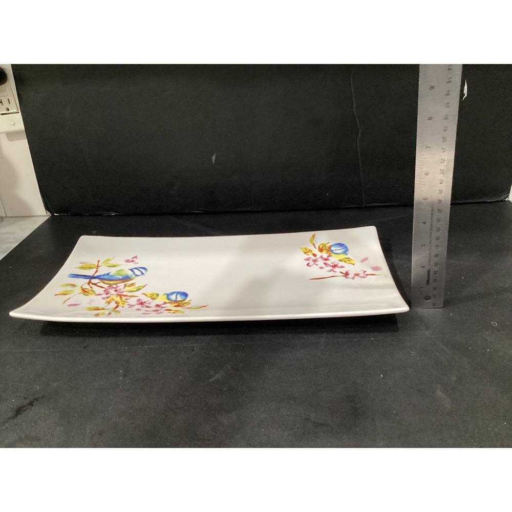 Retired Pier 1 SUMMERTIME BLUE BIRDS Serving Tray Cherry Blossoms